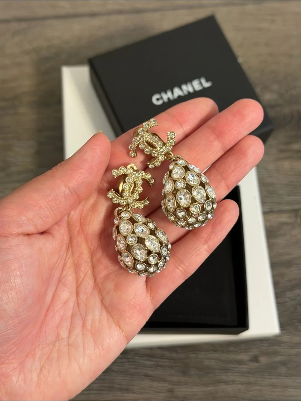 CHANEL Gold and Silver Crystal CC Teardrop Clip On Dangle Earrings